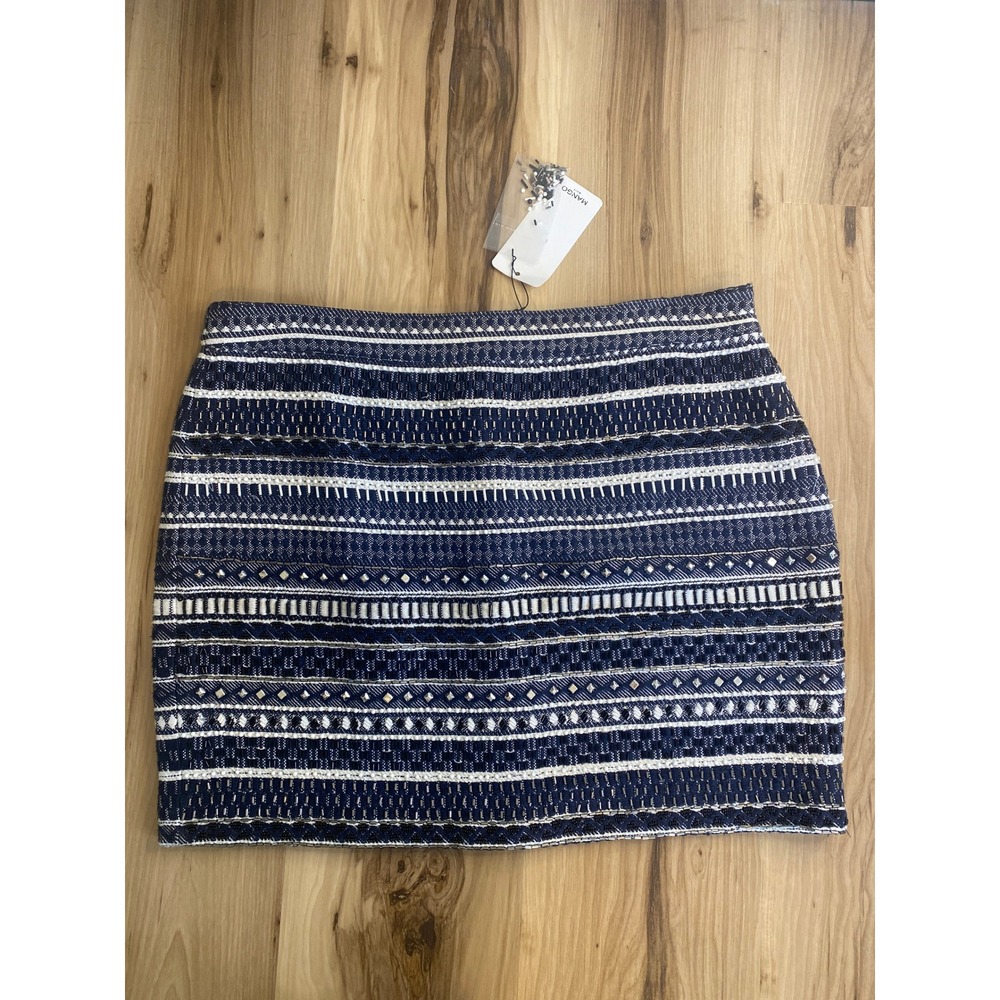 NWT Mango Suit Navy Blue White Embroidered Beaded Mini Skirt Boho Size 10‎